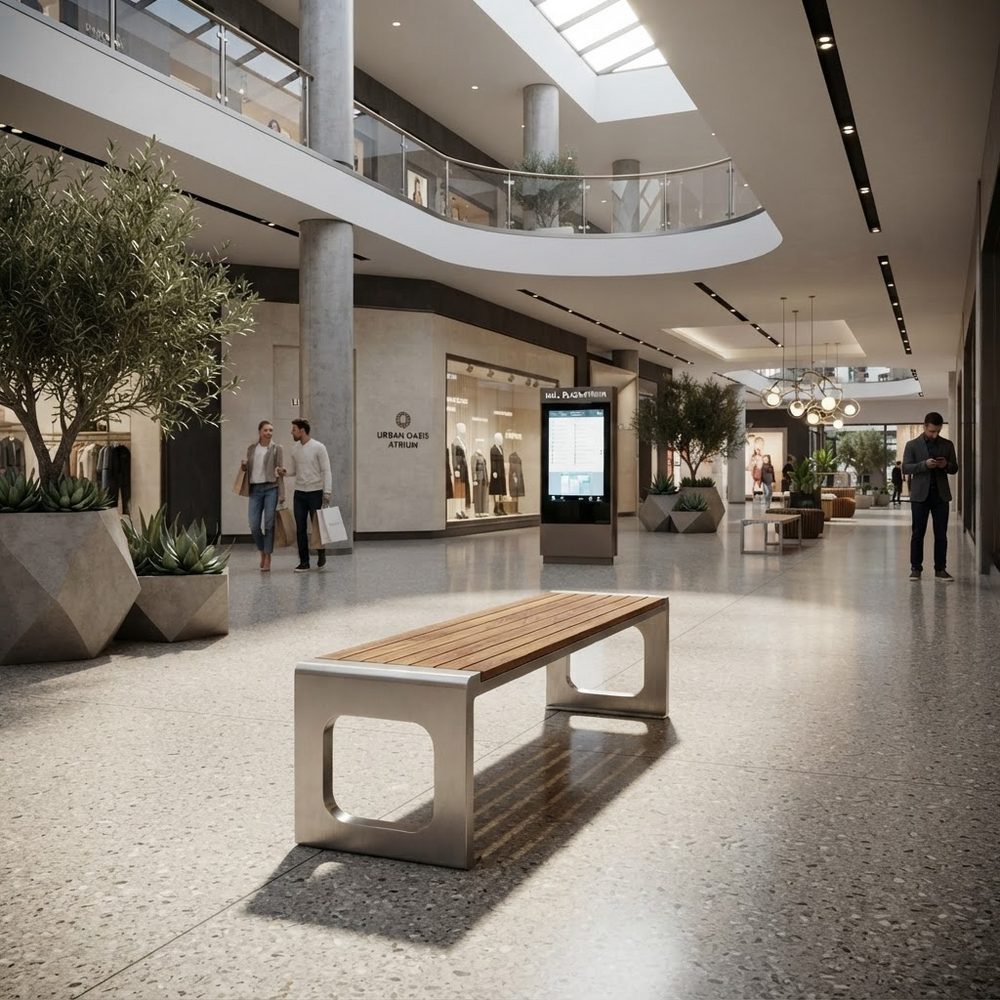 A modern outdoor-style bench with a light wood seat and silver metal frame sits in a spacious, sunlit shopping mall atrium with terrazzo floors, potted trees, and walking shoppers in the background.