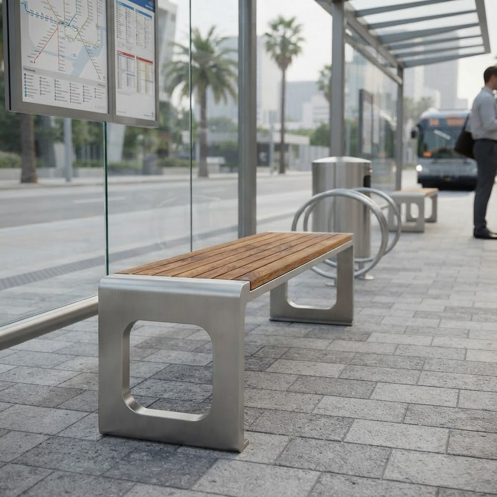 A modern outdoor bench with a light brown wooden slatted seat and brushed silver metal frame sits on a paved transit station platform. A bus is visible in the blurred background, along with a glass wall, maps, and a person standing at the right edge.