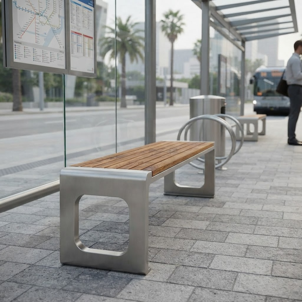 A modern outdoor bench with a light brown wooden slatted seat and brushed silver metal frame sits on a paved transit station platform. A bus is visible in the blurred background, along with a glass wall, maps, and a person standing at the right edge.