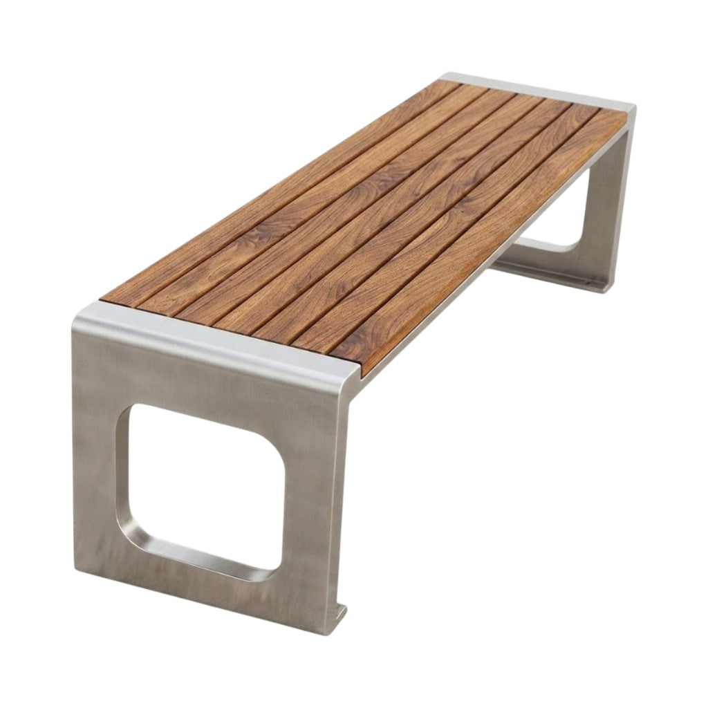 A modern outdoor bench with a medium brown wooden slatted seat and a brushed silver metal frame, shown on a plain white background.
