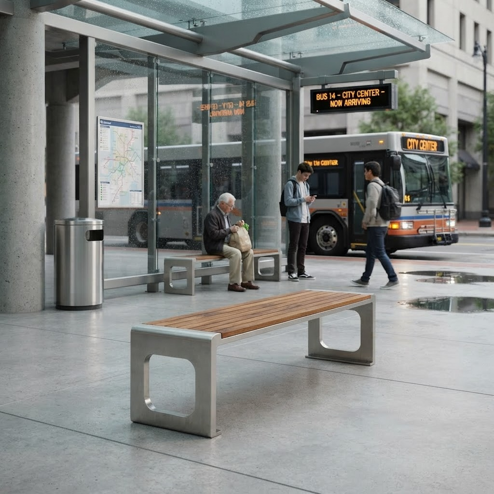 A modern outdoor transit station scene with a long bench in the foreground, glass shelter, seated and walking passengers, and a city bus at a bus stop.