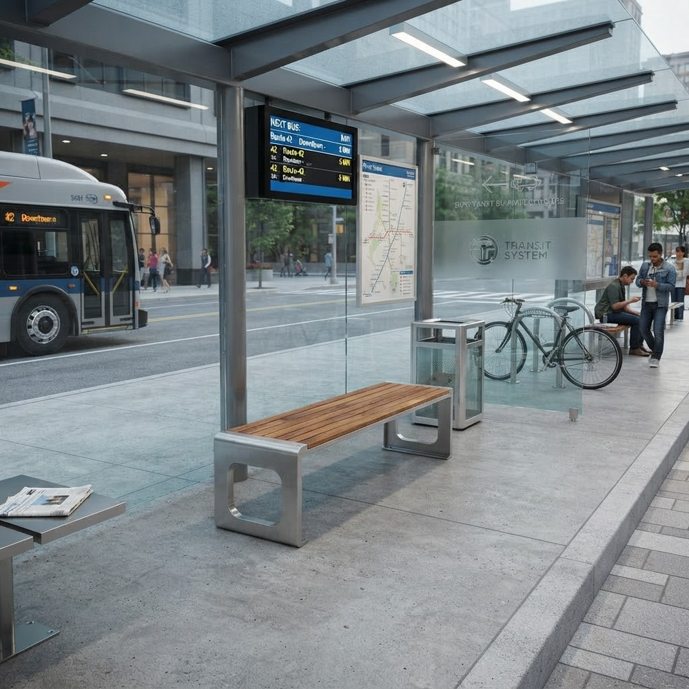 A modern transit station shelter with a wooden bench on a metal frame, a digital departure board, a map display, a bicycle rack with a bicycle, and a city bus visible outside under a glass canopy.