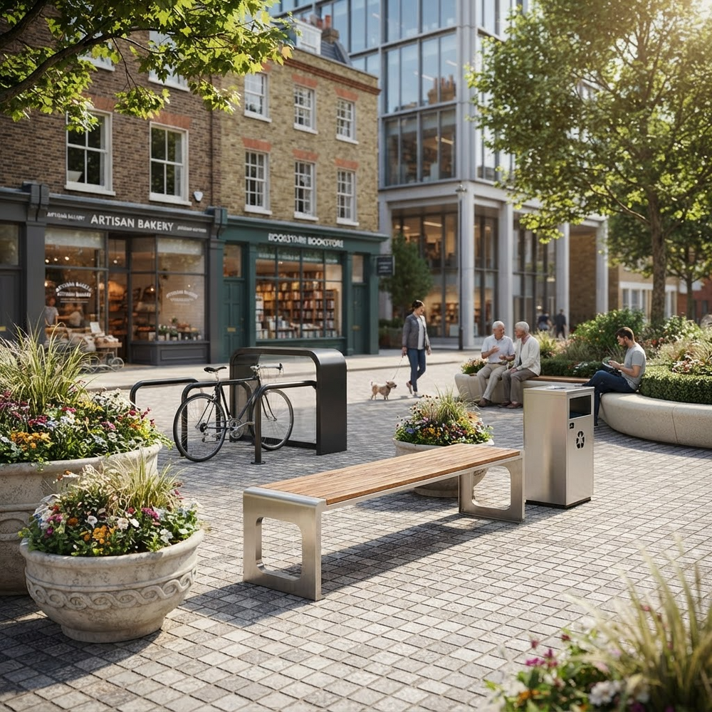 A modern urban plaza scene with a wooden bench, planter boxes, a bicycle rack, and a trash can in front of brick and glass storefront buildings. Several people are seated or walking, and the setting is sunlit with trees and paved stone flooring.