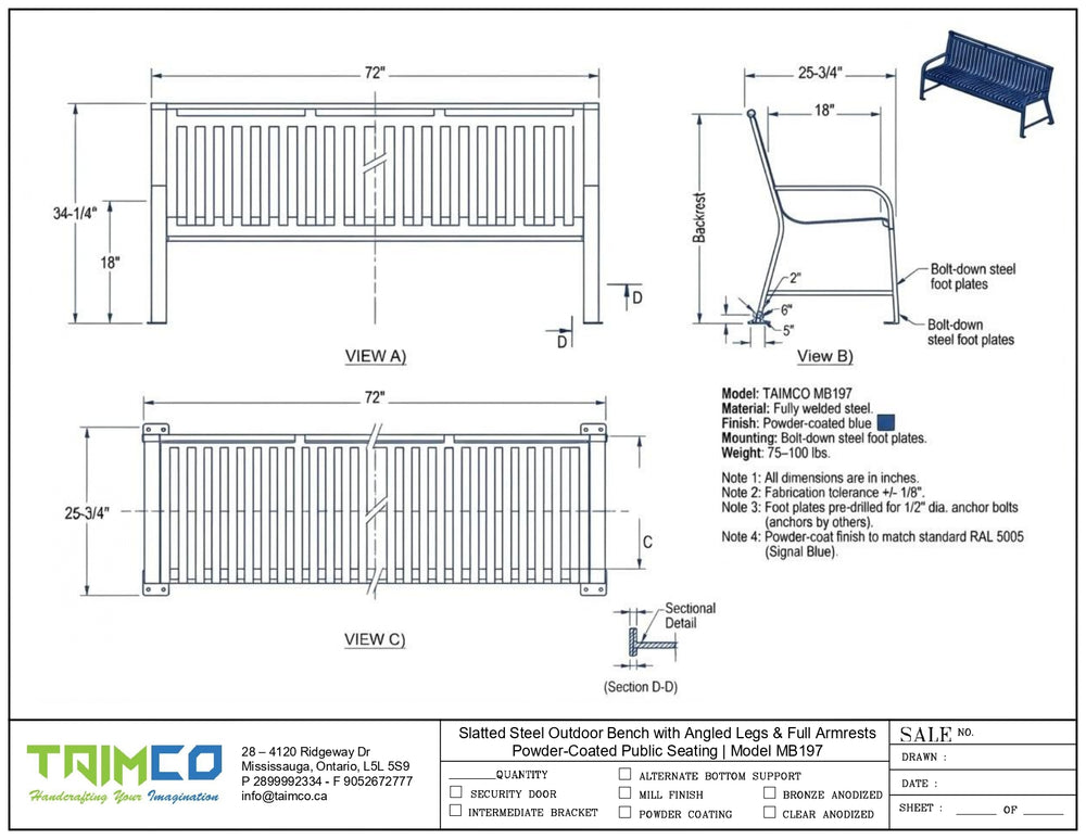 Technical drawing and specification sheet for a Taimco MB197 powder-coated steel outdoor bench, showing front and side views with dimensions, notes, and a seller block at the bottom.