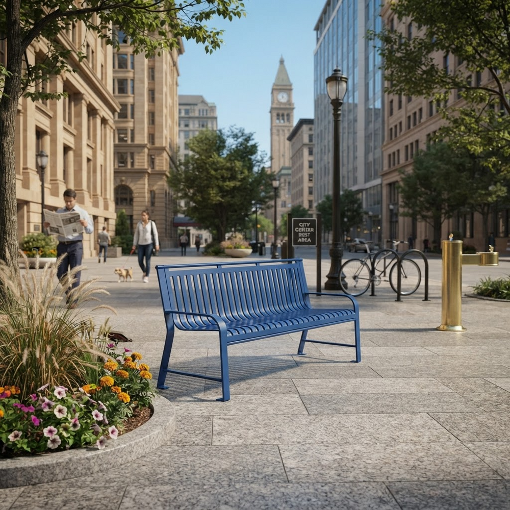 A bright blue slatted metal city bench in the foreground of a sunlit urban plaza, with pedestrians, trees, buildings, bicycles, and flowers visible around it.
