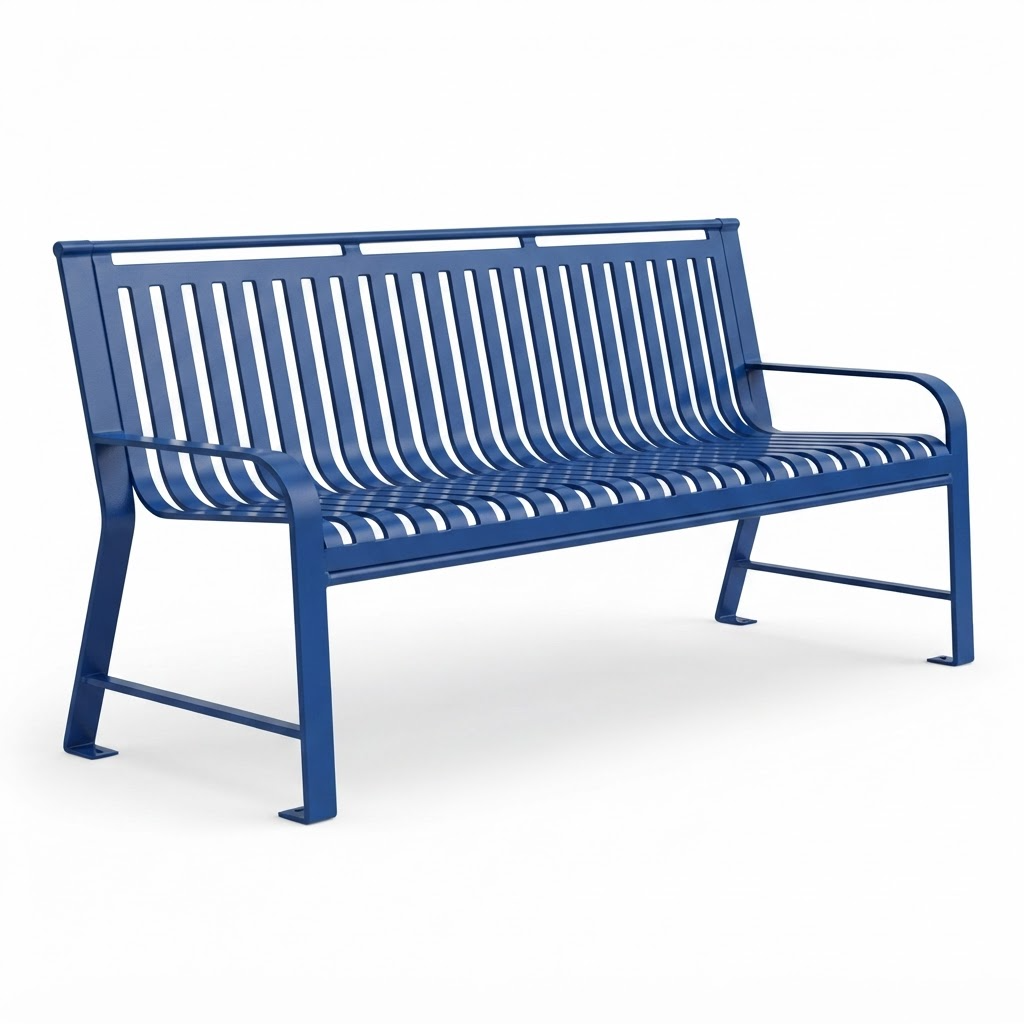 A blue metal park bench with a slatted back and seat, shown at a three-quarter angle on a white background.