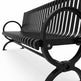 A close-up studio shot of a black metal park bench with a slatted back and seat, featuring decorative curved armrests and legs on a white background.