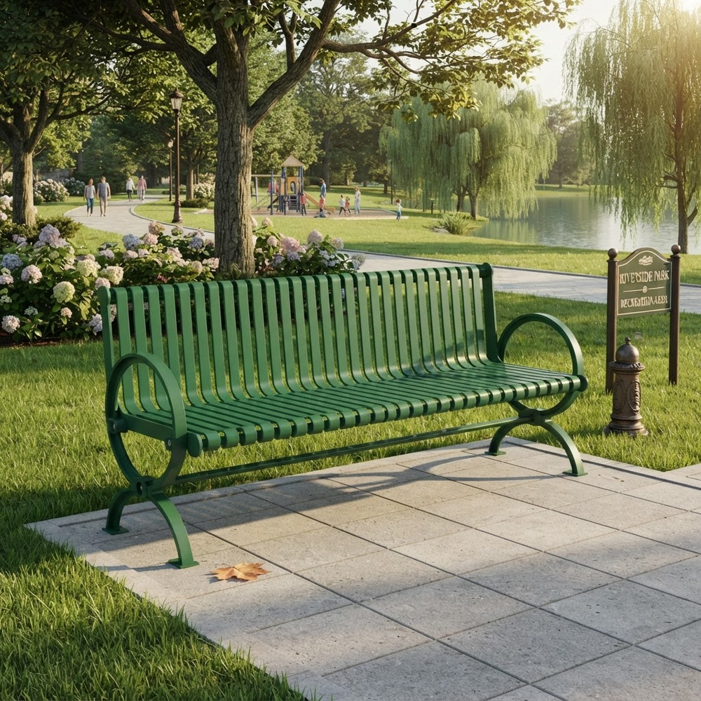 A green slatted park bench sits on a stone walkway in a sunny park with grass, trees, flowers, and a pond in the background.