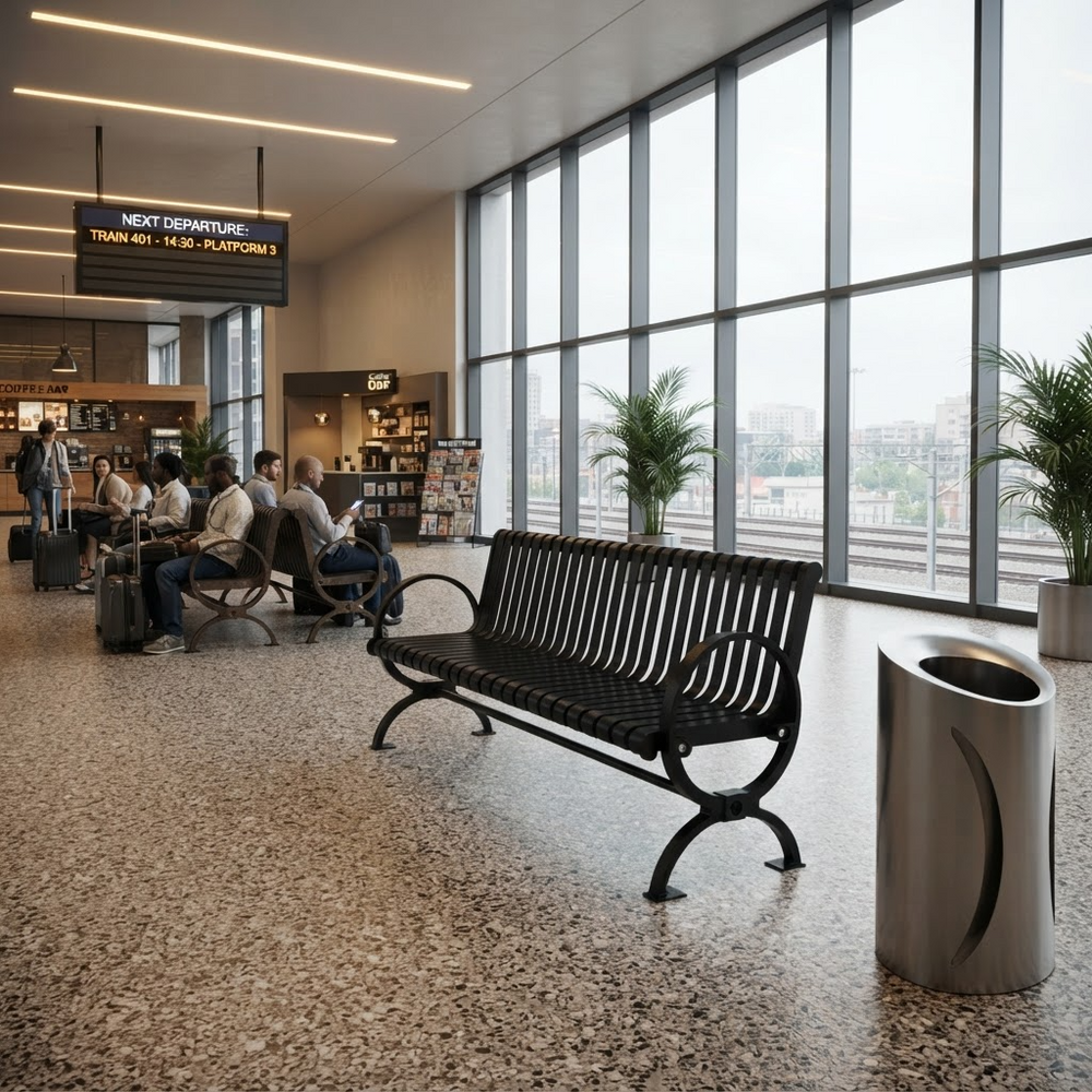 A modern black slatted bench sits in an airport departure lounge beside a stainless steel trash can, with large windows, seated passengers, and potted plants in the background.