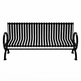 A black metal park bench with a slatted back and seat, featuring curved armrests and four legs, shown against a plain white background.