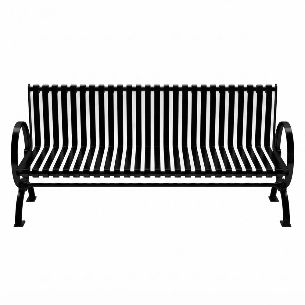 A black metal park bench with a slatted back and seat, featuring curved armrests and four legs, shown against a plain white background.