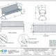 Technical drawing and specification sheet for a vertical-slatted steel bench with circular armrests and curved legs, showing front elevation, plan view, detail views, and material/finish information on a white background.