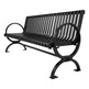 A black metal slatted park bench with curved armrests and a sturdy frame, shown on a plain white background.