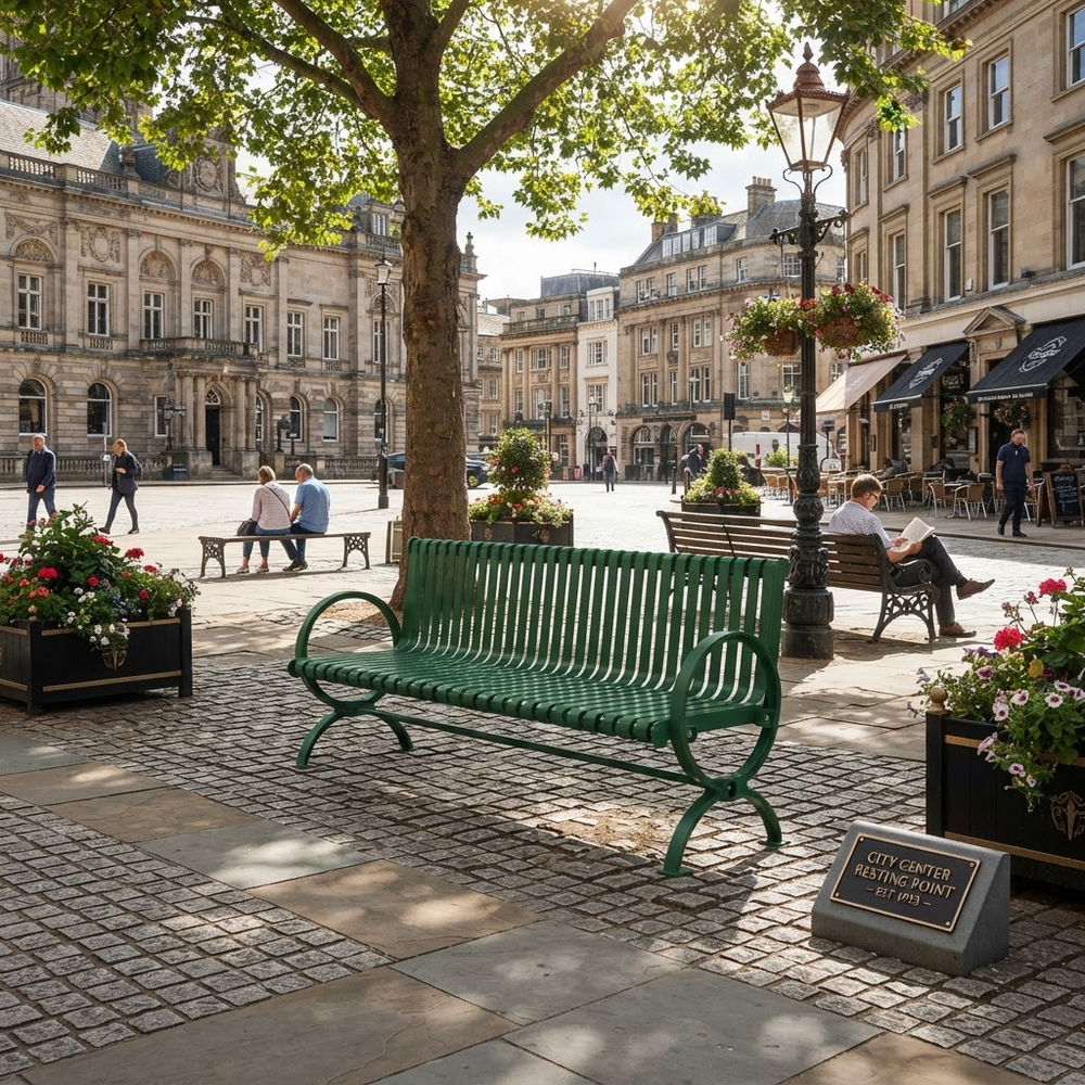 A green metal park bench in a sunny, historic city square with stone buildings, other benches, flower planters, and a tree in the background.