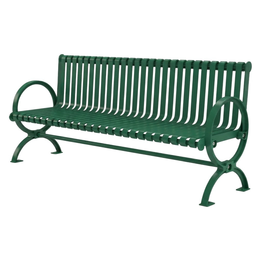 Vertical‑Slat Steel Bench with Circular Armrests & Curved Support Legs | Outdoor Park Seating Model MB198