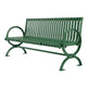 A green slatted outdoor bench with curved armrests and a sturdy metal frame, shown on a plain white background.