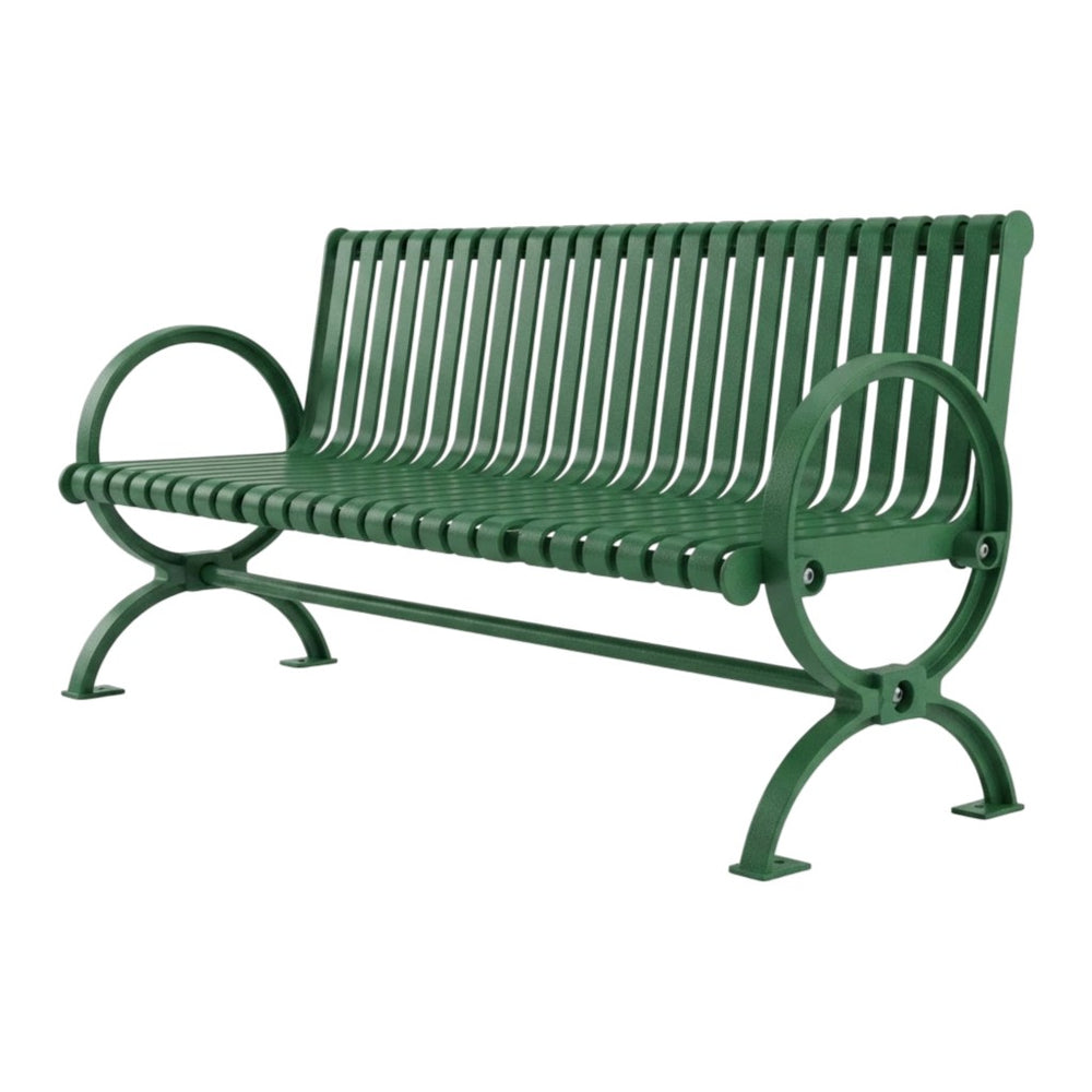 A green slatted outdoor bench with curved armrests and a sturdy metal frame, shown on a plain white background.