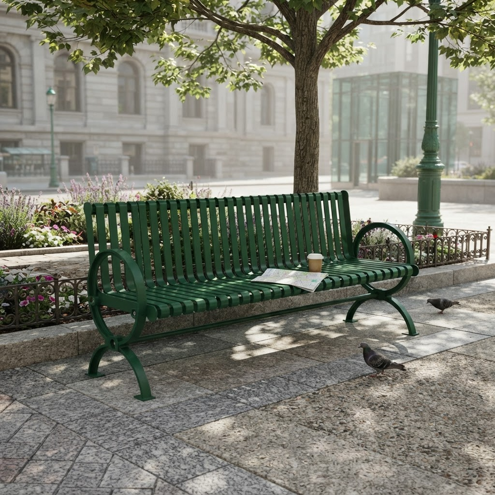 A green metal park bench in an outdoor urban setting, with a newspaper and coffee cup resting on the seat. The bench is situated under a tree on a paved plaza, with pigeons on the ground and a city street in the background.