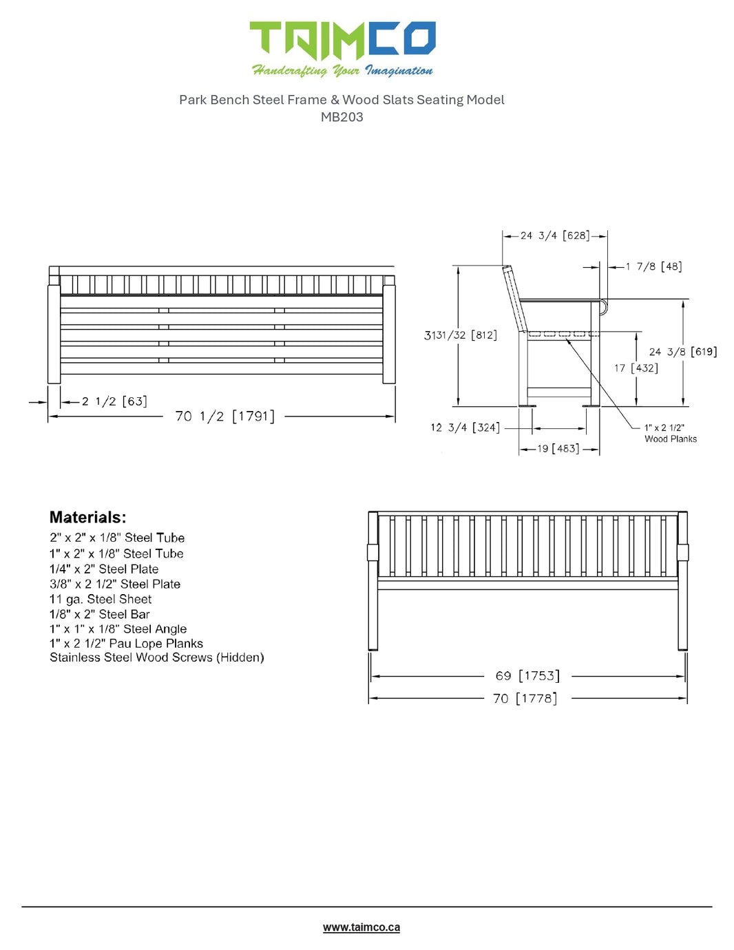 Park Bench Steel Frame & Wood Slats Seating | Model MB203-Taimco