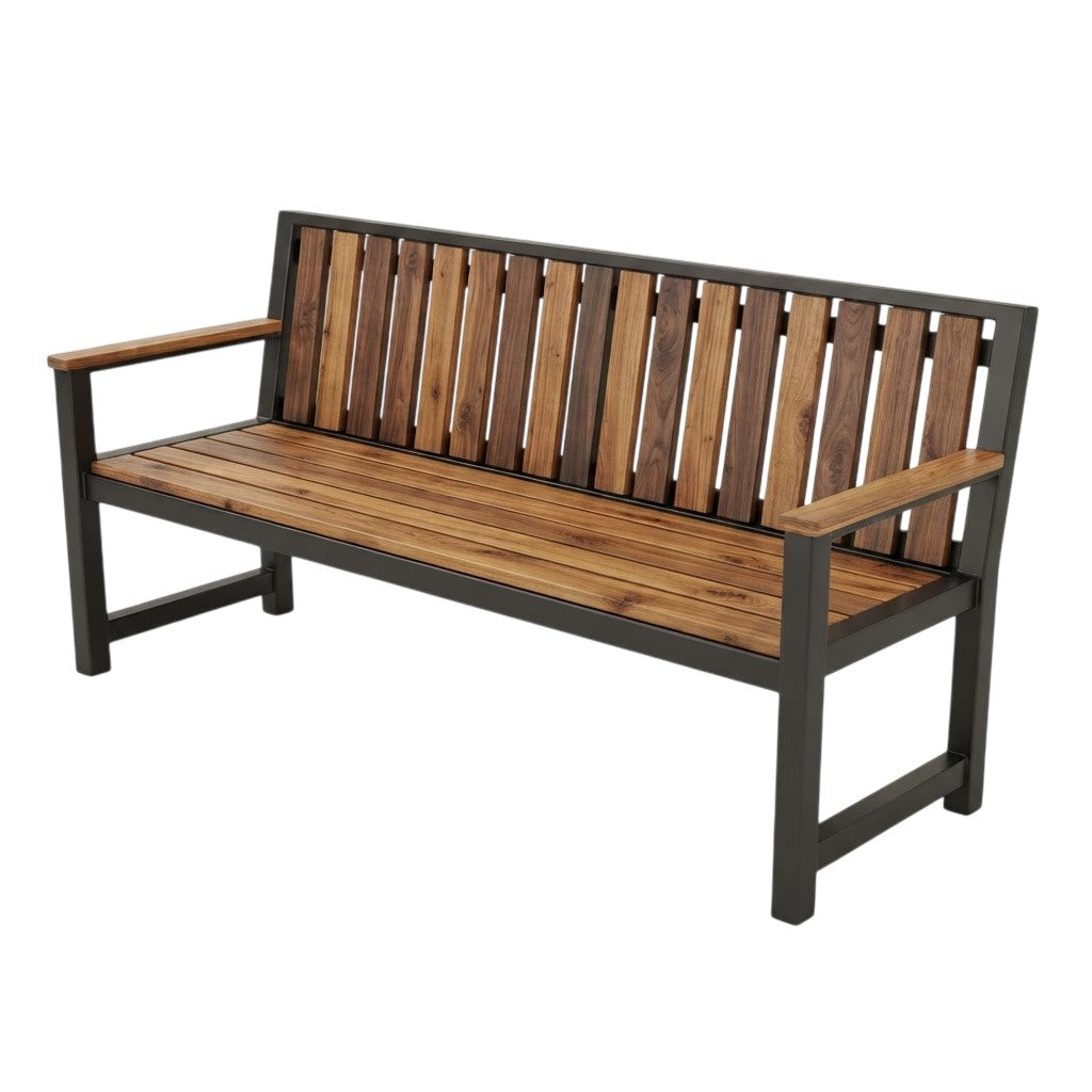 A wooden outdoor bench with a dark metal frame and armrests, shown at a three-quarter angle on a plain white background.