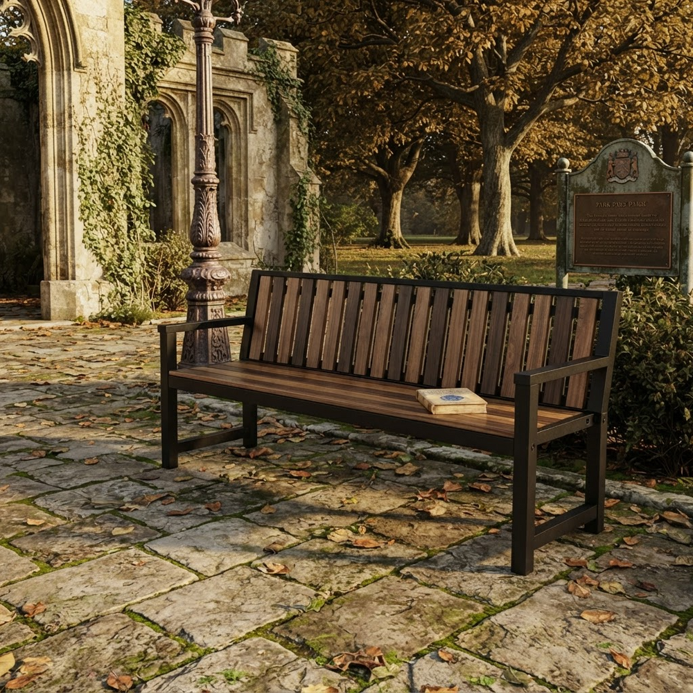 A wooden park bench with a dark metal frame sits on a stone pathway in an outdoor garden setting with autumn trees and a stone wall in the background.