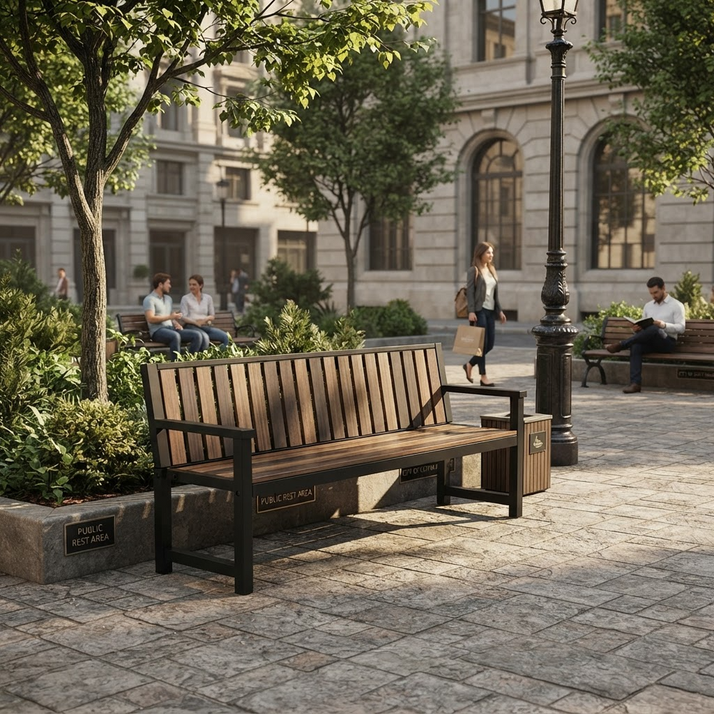 A wooden park bench with black metal frame and armrests sits on a stone plaza in a city park. Trees, other benches, people sitting and walking, and a stone building are visible in the background.