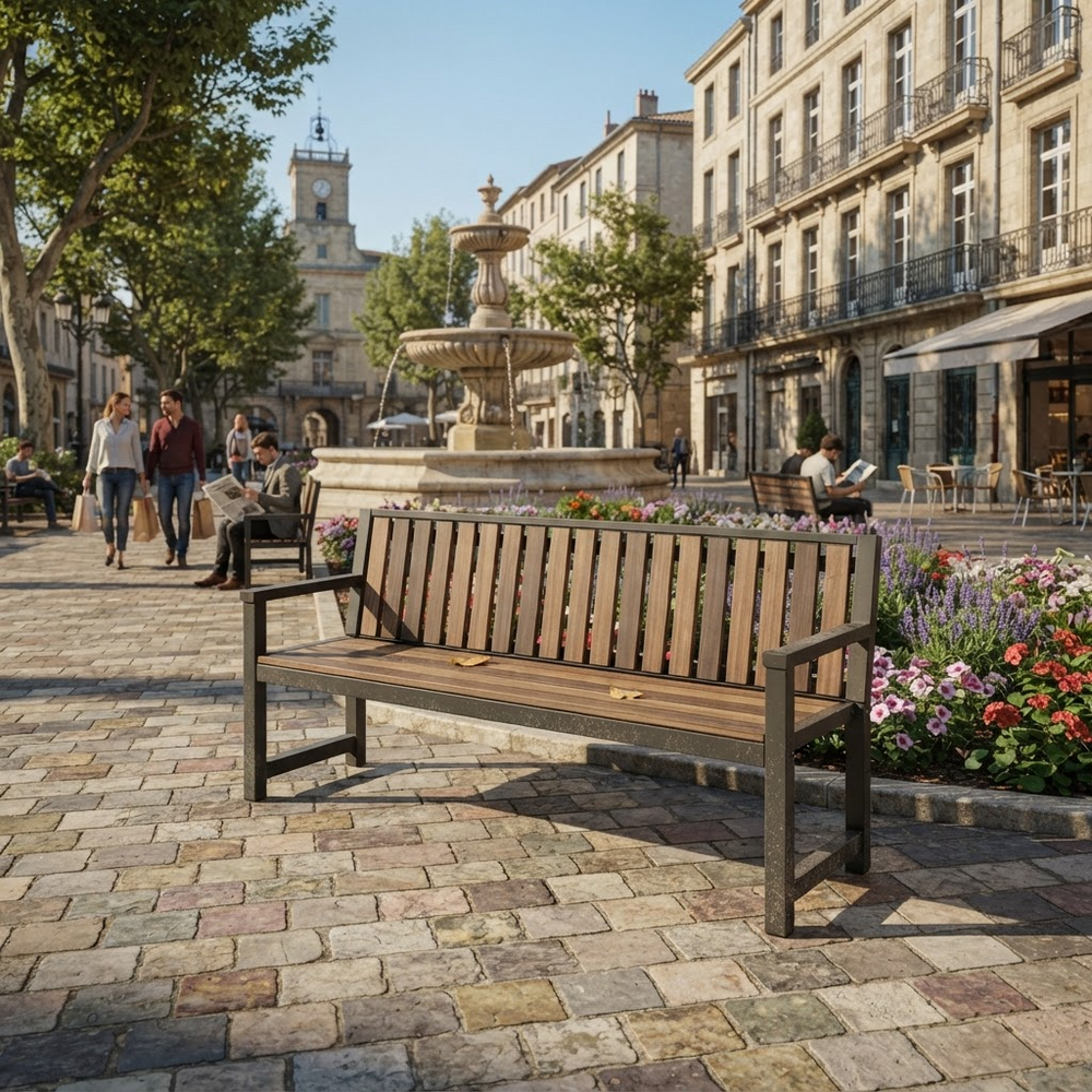 A wooden park bench with a dark metal frame sits on a cobblestone plaza in a sunny European town square, with people, trees, a fountain, and buildings in the background.
