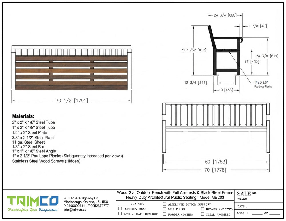 Technical specification sheet and dimension drawing for a TAIMCO Wood-Slot Outdoor Bench with Full Arms & Black Steel Frame, showing front, side, and top views with materials and measurements.