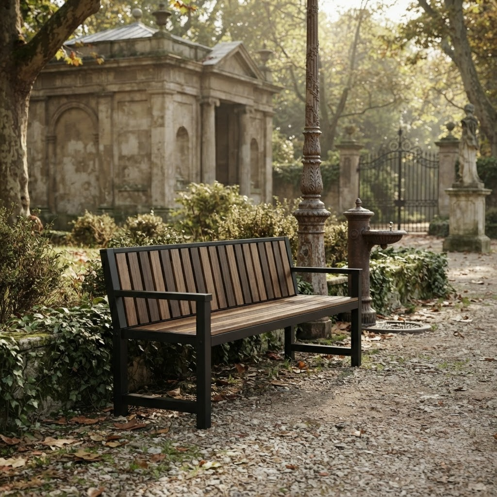 A wooden garden bench with a black metal frame sits on a gravel path in a park-like setting with stone monuments, trees, and a lamppost in the background.