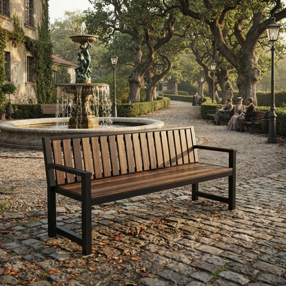 A wooden garden bench with a black metal frame is shown in a scenic outdoor courtyard with a fountain, stone paving, and trees. Two people are seated on benches in the background.