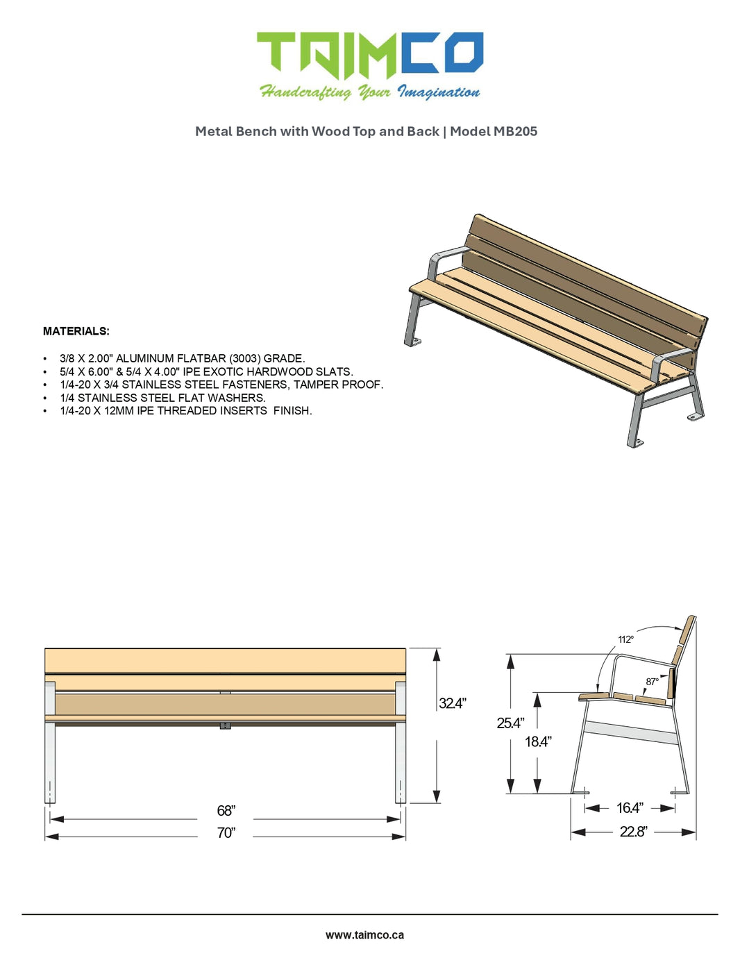 Metal Bench with Wood Top and Back | Model MB205-Taimco