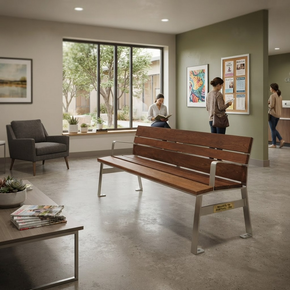 A modern wooden bench with silver metal legs is shown in a real indoor lobby or waiting area, with people seated and standing nearby and a window, wall art, and bulletin boards in the background.