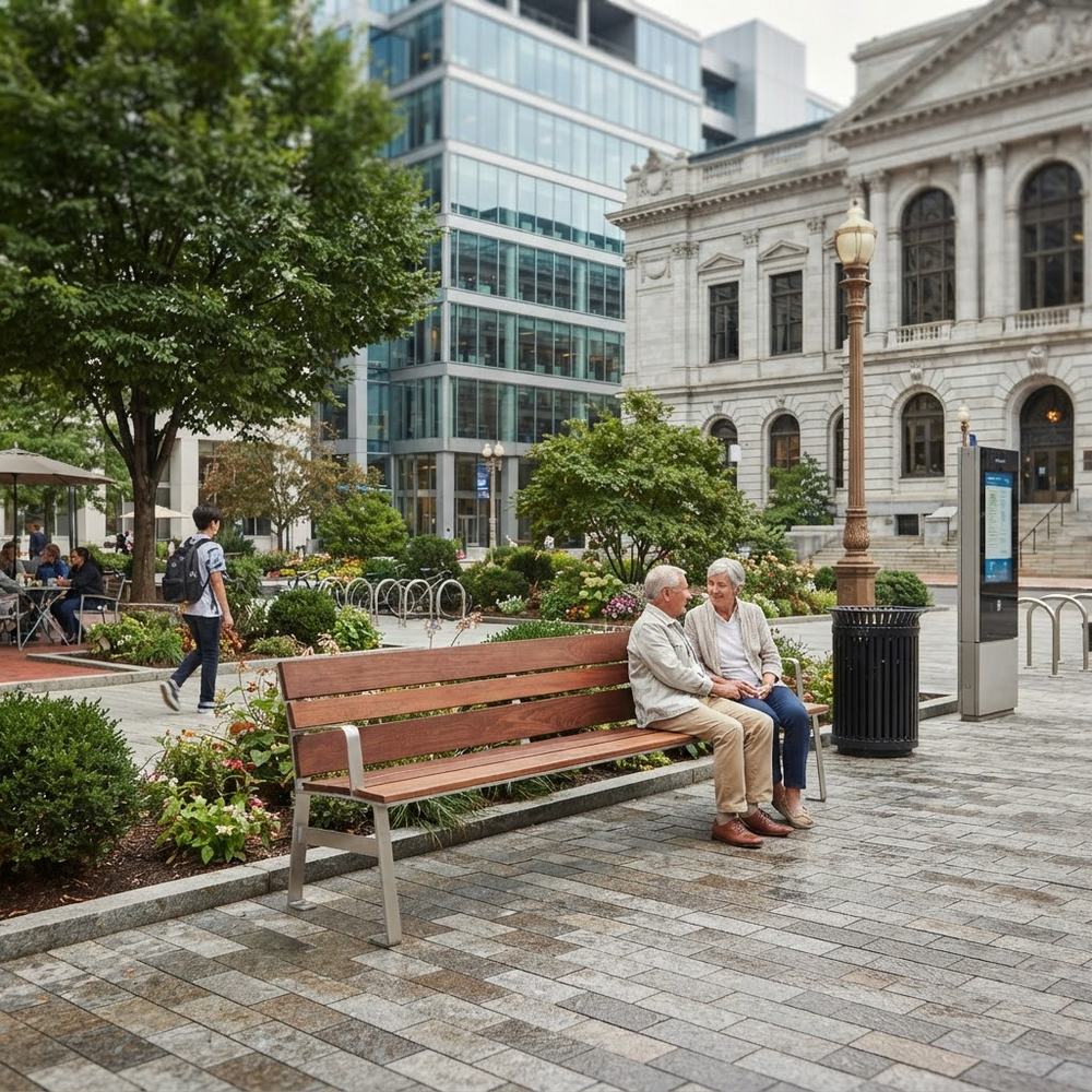 An elderly couple sits on a wooden city bench in a public plaza, with a classical stone building, modern glass skyscrapers, trees, and other pedestrians in the background.