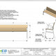 Technical specification sheet and dimension diagram for a modern wood outdoor bench with an attached angled chair, showing materials, measurements, and construction details from Trimco.