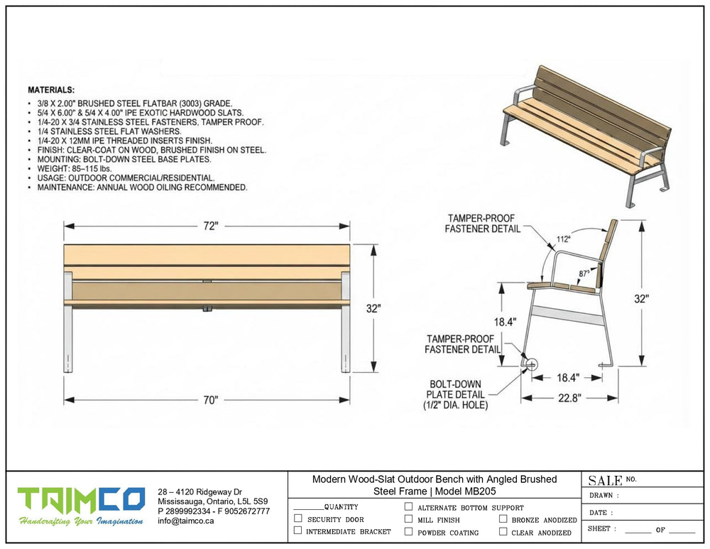 Technical specification sheet and dimension diagram for a modern wood outdoor bench with an attached angled chair, showing materials, measurements, and construction details from Trimco.