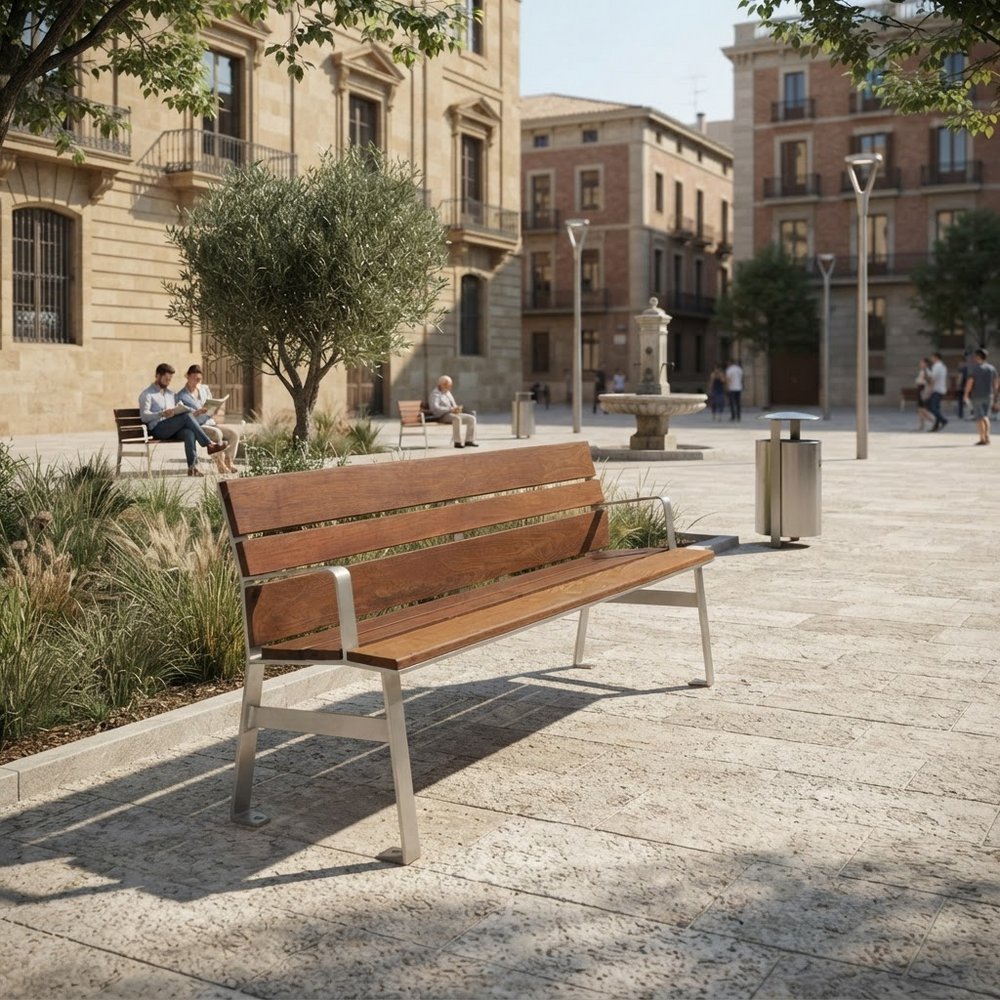 A modern outdoor wooden park bench with a silver metal frame, situated in a sunny urban plaza with people sitting in the background.