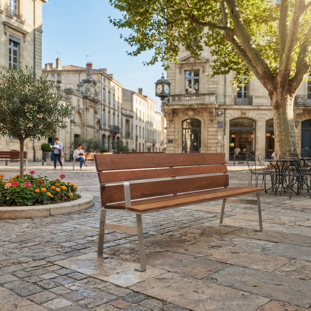 A modern wooden park bench with a brushed silver metal frame, situated in a sunny, historic European town square with stone paving, trees, and buildings in the background.