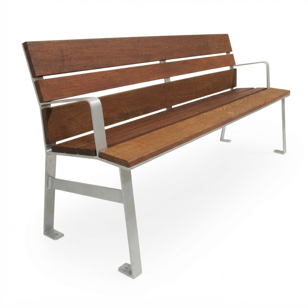 A modern outdoor bench with a warm brown wooden slatted seat and backrest, supported by a silver metal frame with integrated armrests and flat feet, shown on a white background.
