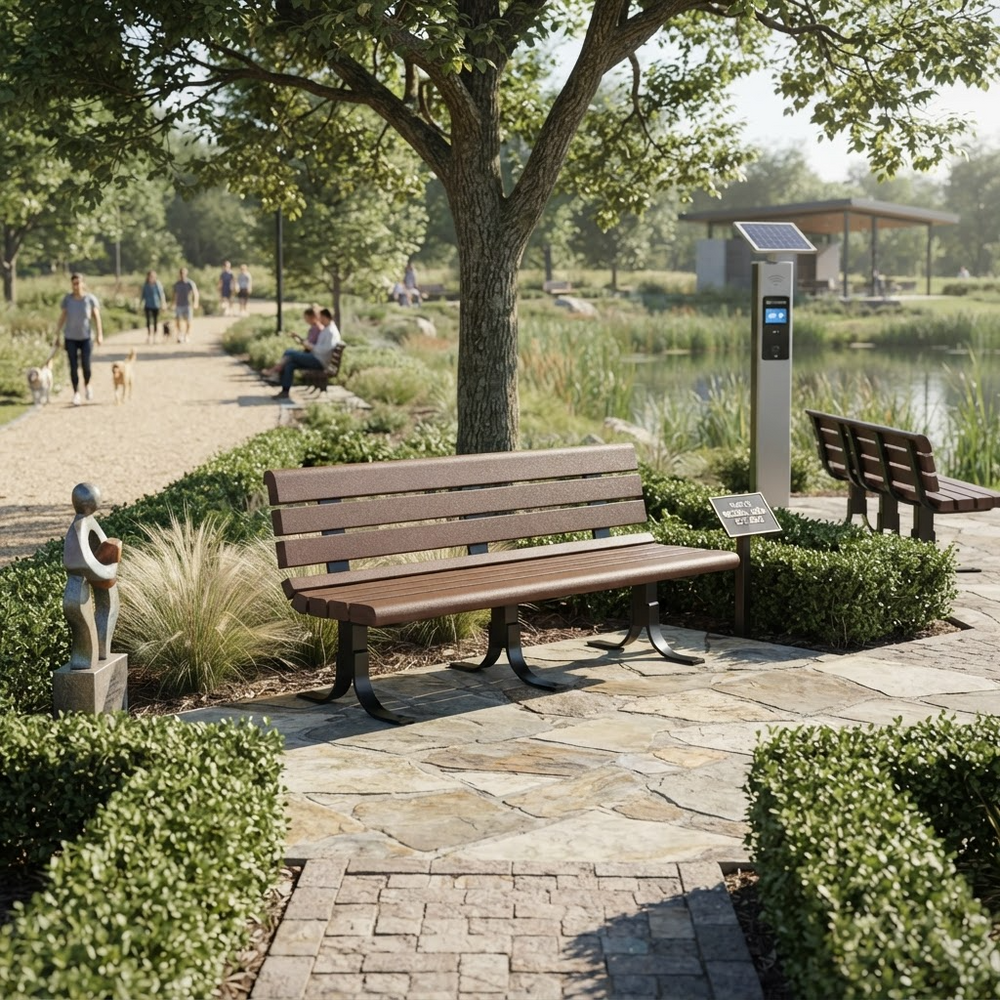 A modern wooden park bench with black metal legs sits on a stone pathway in a landscaped park next to a pond, with other benches, trees, and park-goers in the background.