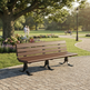 A brown wooden park bench with dark metal legs sits on a paved path in a sunny park, with grass, flowers, trees, and distant people visible in the background.