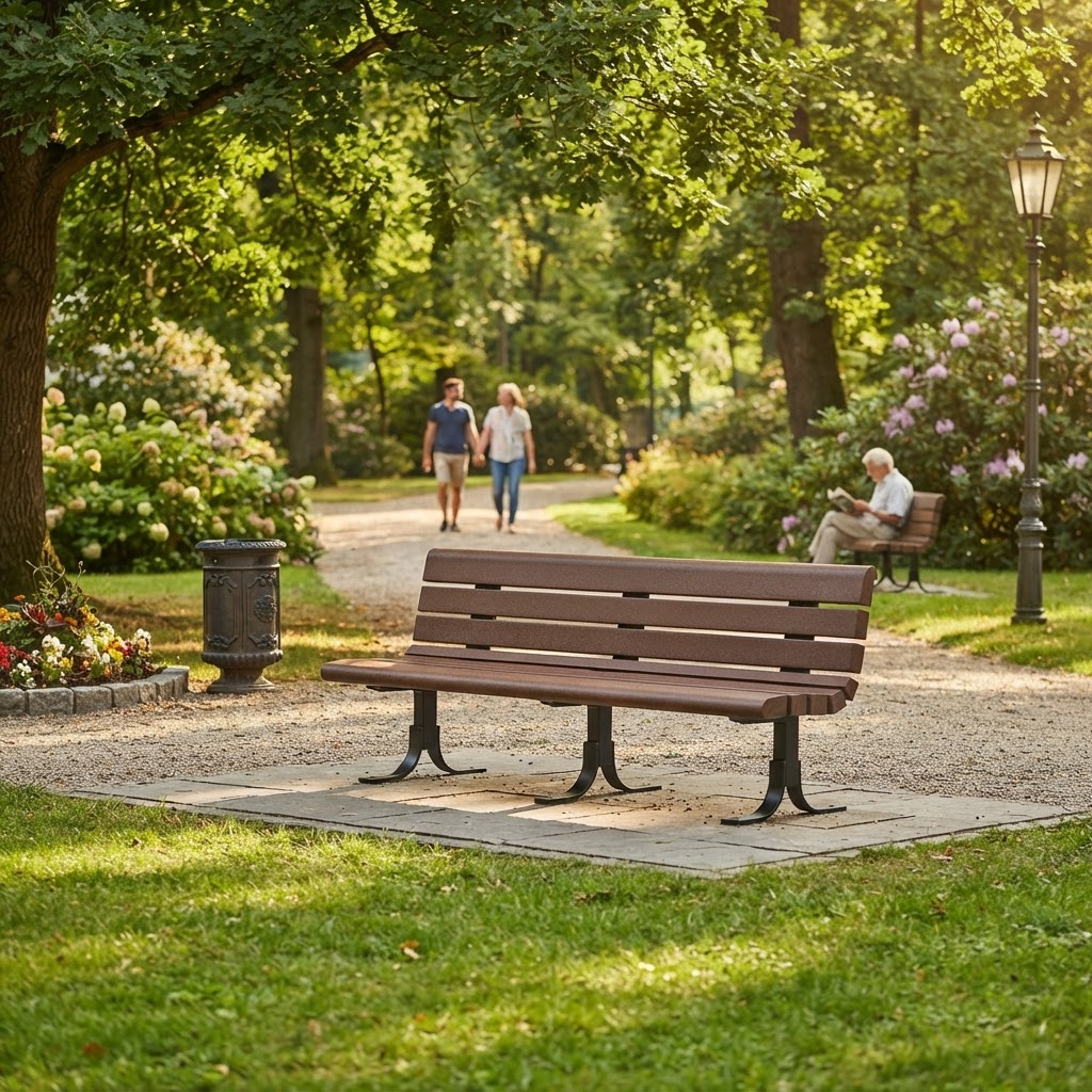 A brown wooden park bench with black metal legs sits on a stone slab in a sunlit park pathway, with grass, trees, flowers, and a seated person in the background.