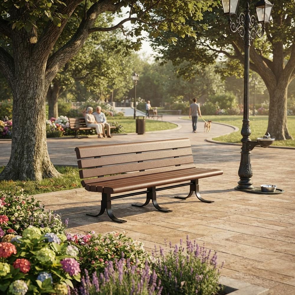 A wooden park bench with dark metal legs sits on a paved path in a sunlit park, surrounded by flowers, trees, lampposts, and distant people walking and sitting.