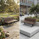 A split-screen view showing a brown slatted outdoor bench in two real-world settings: a park garden on the left and a modern plaza with pedestrians on the right.
