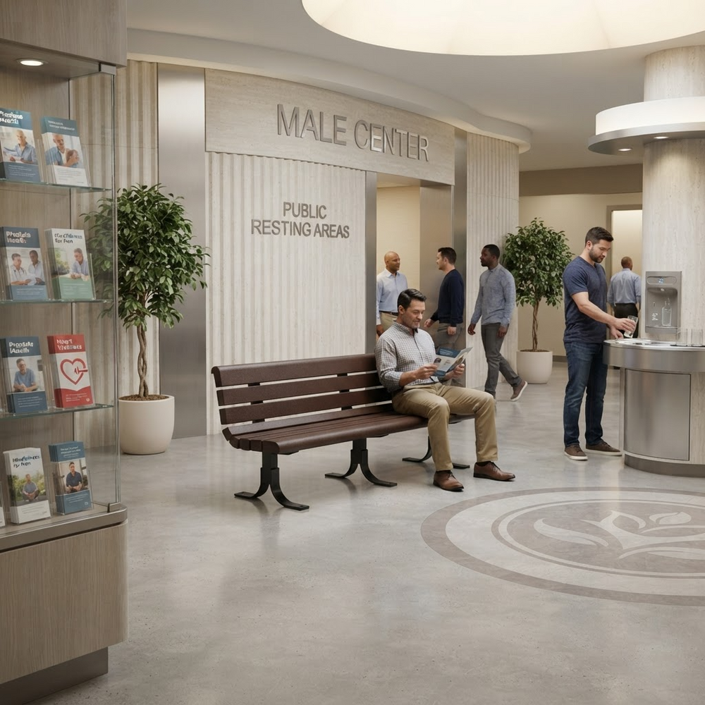 A modern indoor public space labeled 'MALE CENTER' with several people in a lobby-like environment. A man sits on a brown bench reading a magazine, while others walk or stand near a counter and display shelves.