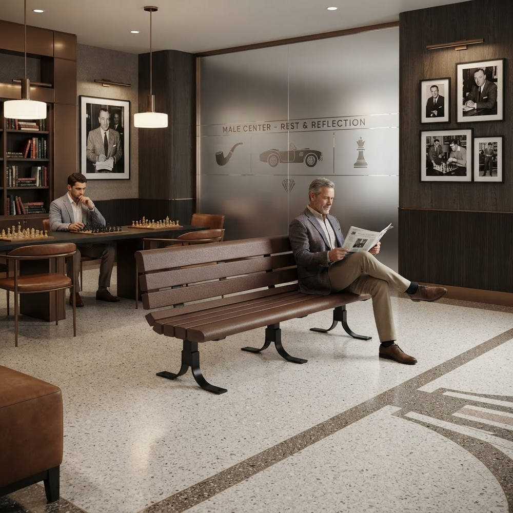 A modern interior scene with two men in a lounge or office space. One man sits on a wooden bench reading a magazine, while another sits at a desk playing chess.