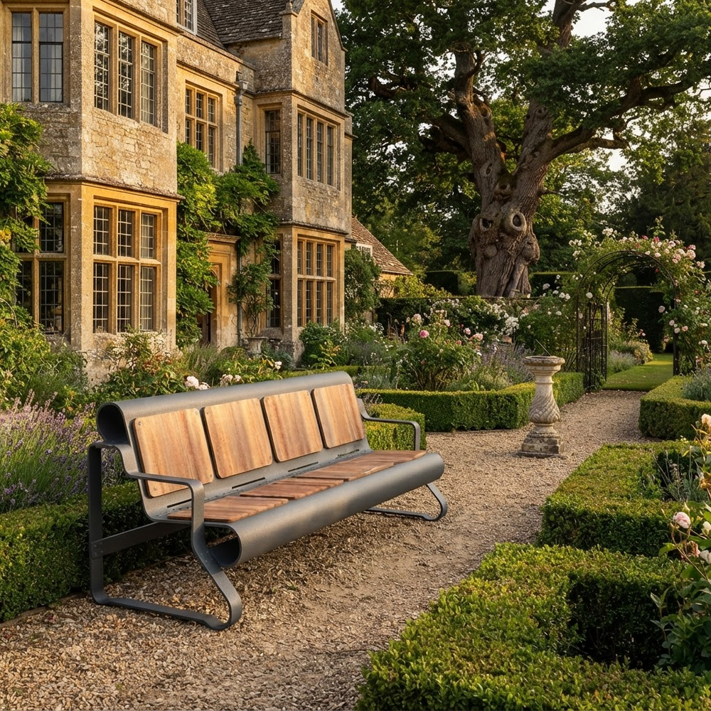 A modern outdoor bench with a curved dark gray metal frame and light brown wooden slats, situated in a beautifully landscaped garden pathway next to a historic stone building.