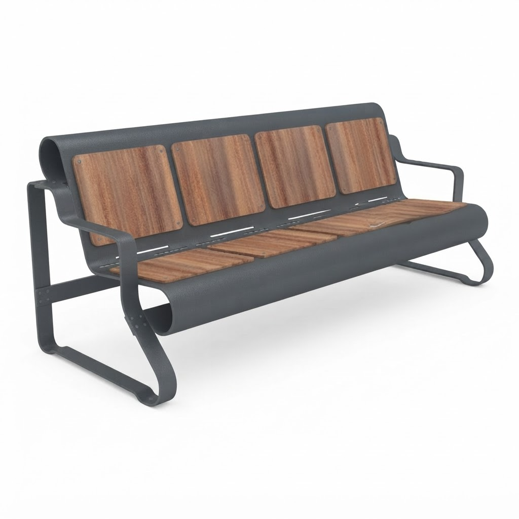 A modern outdoor bench with a dark gray metal frame and brown wood-look seat and backrest panels, shown on a plain white background.