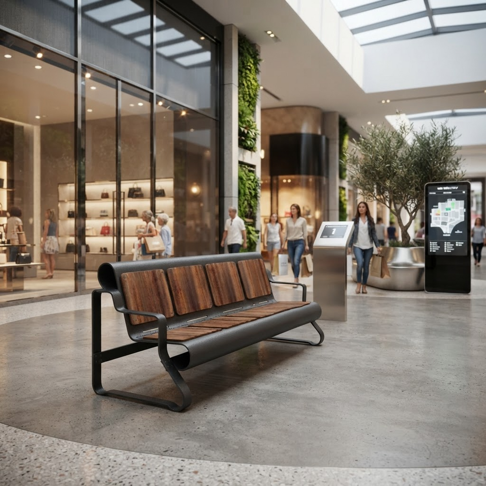 A modern outdoor-style bench with a curved black metal frame and brown wooden slats sits in a spacious, upscale shopping mall plaza. The background features a large glass-front boutique, shoppers walking under a glass roof, and green trees.