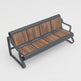 A modern bench with a dark gray metal frame and brown wood-grain seat and backrest panels, shown on a light gray background.