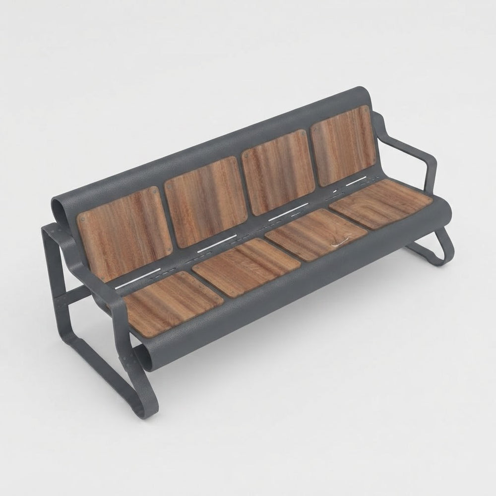 A modern bench with a dark gray metal frame and brown wood-grain seat and backrest panels, shown on a light gray background.